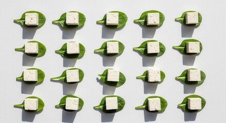 Fototapeta premium An artistic display of tofu cubes placed on fresh spinach leaves, showcasing a healthy food concept. Ideal for culinary and nutrition themes.