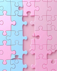 Connecting blue and pink puzzle pieces forming a gender relationship concept