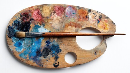 A well-used wooden palette, speckled with dried paint in various hues, lies beneath a paint brush with a wooden handle, all on white