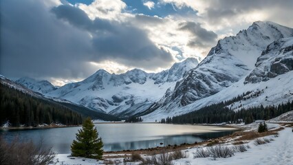 Fototapeta premium Winter mountain with white snow peak in France,mountain, landscape, sky, alps, view, snow, sunrise, nature, sunset, panorama, valley, forest, rock, sun, morning, peak, beautiful, dawn, travel, clouds,