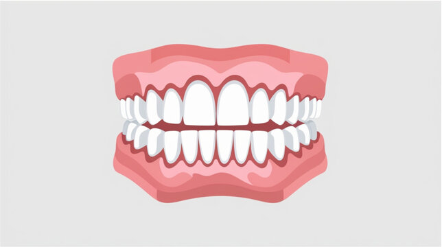 A clean, simple illustration of a complete set of upper and lower dentition set within a stylized pink gum base. The teeth are uniformly white and perfectly aligned, showing a standard occlusion 