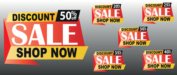 Discount Tags Vector Set, Popup Sale Banner, 50, 20, 25, 30, 35, 40 Off, Shop Now Red Yellow EPS