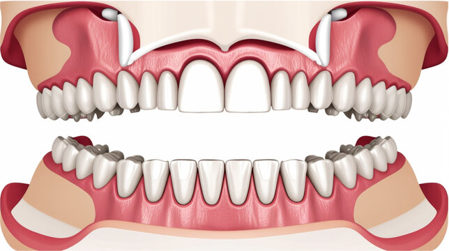 A detailed anatomical illustration providing a cross-sectional view of the upper and lower dental arches. The image shows the full set of teeth and the surrounding structures, including the pink gums 