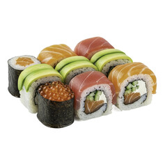 Fresh Sushi Rolls with Salmon Tuna Avocado and Fish Eggs on Gradient