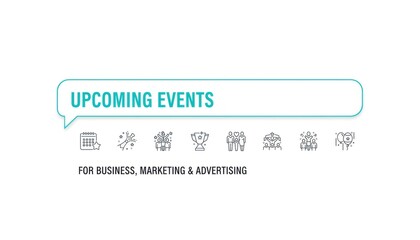 Upcoming Events banner with icons for business, marketing, and advertising on a white background.