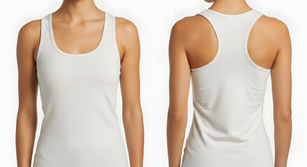 mockup photo of a plain women’s tank top, front and back view, no logo or print, clean neutral background, realistic light reflections and fabric detail