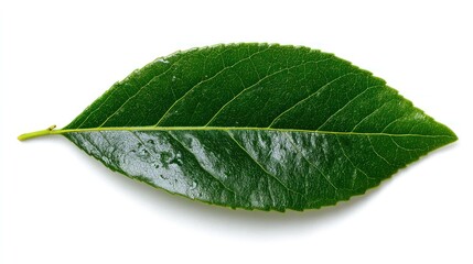 Obraz premium A single, vibrant green leaf with prominent veins and a slightly glossy surface, resting on a bright white background. A subtle shadow is cast