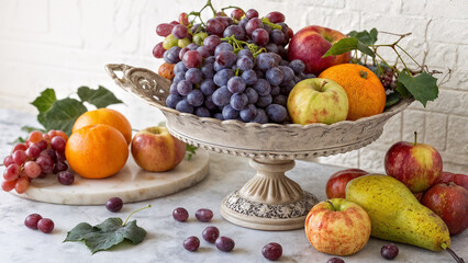 fresh fruits in a beautiful vase on a white background