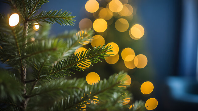Close-up of a Christmas Tree Branch with Bokeh Lights pine needles - Powered by Adobe