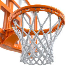 Close up of an orange basketball hoop with a white net against a black background in a studio shot