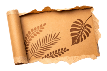 Rolled parchment paper with torn edges and brown leaf motifs