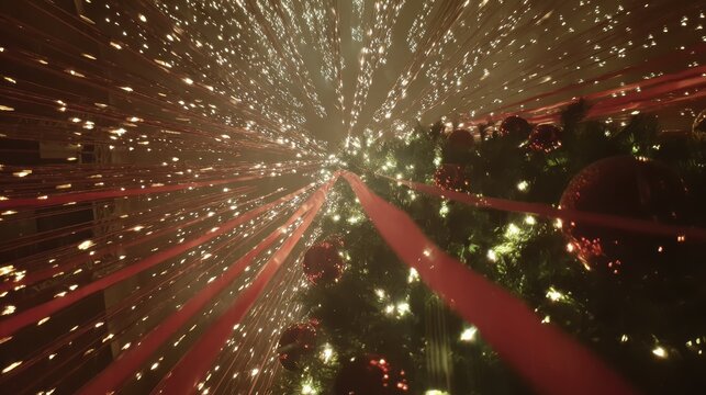 Festive christmas tree with twinkling lights and red ornaments in a radiant burst effect