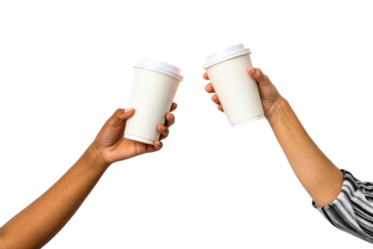 Two hands clinking coffee cups