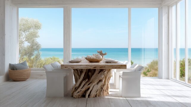 Fototapeta Modern and luxurious dining room with a beautiful view of the ocean.