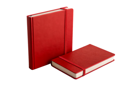 Two red notebooks with elastic bands on white