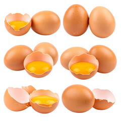 Group of three fresh organic brown and white chicken eggs isolated on a white background for food and healthy protein breakfast