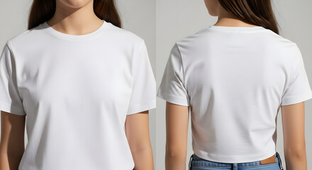 photo of a plain women&rsquo;s crop top mockup, front and back angles, clean background, no print or text, soft natural lighting