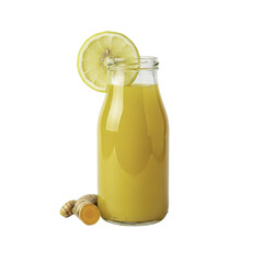 Fresh Yellow Drink in Glass Bottle with Lemon Slice and Ginger on Gradated