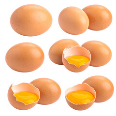 Group of three fresh organic brown and white chicken eggs isolated on a white background for food and healthy protein breakfast