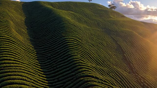 Rolling tea plantation terrace curves across hill at sunrise. Aerial view shows terrace pattern with golden sunlight and shadow. Agriculture lines form landscape. Scene shows nature and rural calm.