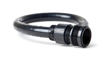 Glossy black corrugated pipe with threaded end fitting, curled on white