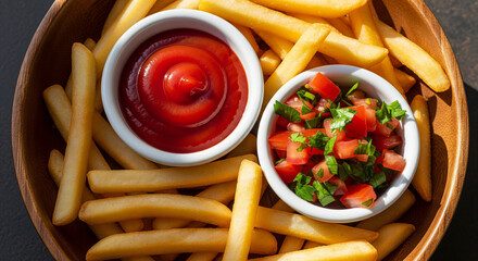 French Fries with Ketchup in Wooden Bowl – Cinematic Food Shot