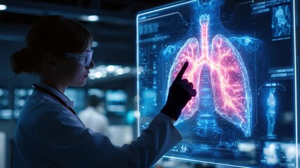 Medical expert analyzes holographic lung display in advanced healthcare facility during evening hours - Powered by Adobe