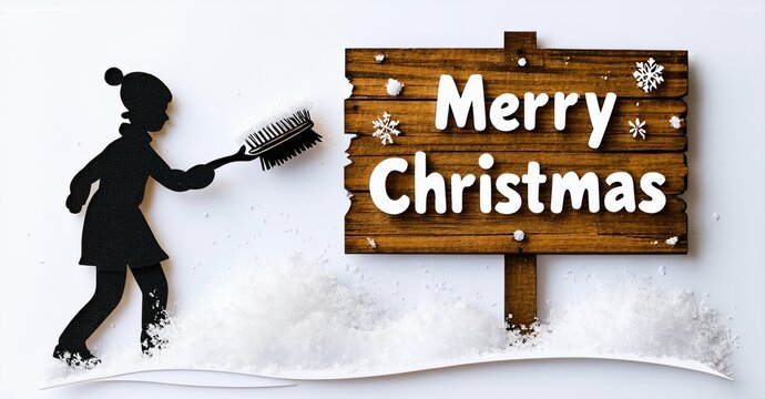 Silhouette brushes snow from wooden sign displaying festive greetings. Winter scene evokes holiday spirit, simple design.
