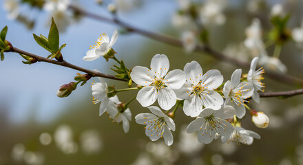 Fototapeta premium Cherry Blossom Flowers Blooming in Springtime with Green Leaves and Buds
