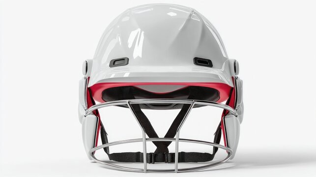White sports helmet with red accents and metal face mask