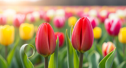 Vibrant Red Tulips Blooming in a Spring Garden with Colorful Background