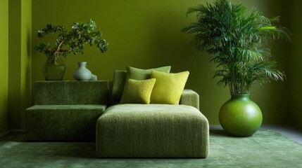 Modern living room with a green color scheme. the walls are painted in a bright green color and the floor is covered with a light green carpet.