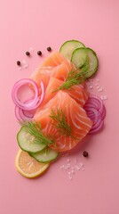 Delicate serving of rakfisk with garnishes, dish from Norway on pink background, minimalist food photo, template for social media, digital ads, web banners, mobile wallpapers, greeting cards
