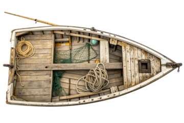 Wooden Rowboat Interior With Fishing Net and Rope