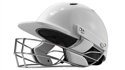 A shiny, white protective headgear used in a sport. Features include a visor, metal faceguard, & ventilation. The helmet is isolated against a white background