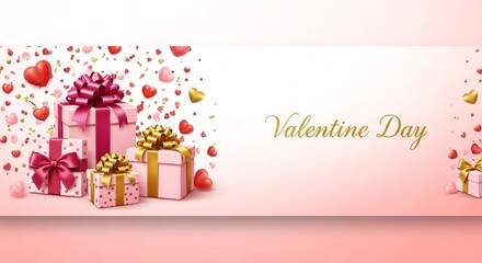 Valentine's Day themed illustration featuring gift boxes, hearts, and confetti.