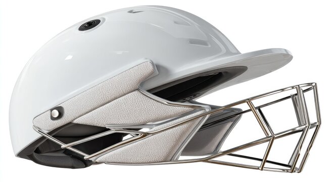 A pristine, white protective headgear, likely for sports. Features a visor, a facial grill, and soft padding around the face and ears