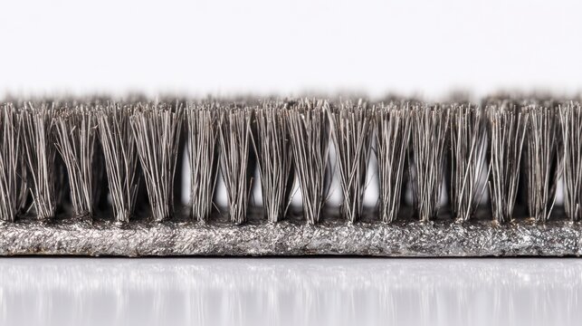 Close-up shot of a brush head, showcasing tightly packed, gray bristles extending from a textured base against a white background