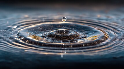 A falling droplet impacting liquid, creating circular waves radiating outwards on the dark surface