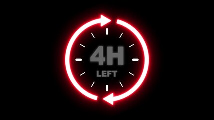 24 hours clock with circle arrow and the numbers 4 Hour left. video animation on alpha channel background, Clock timer, time passage waiting time animation (4K). 4 Hour Countdown timer. Clock icon. 