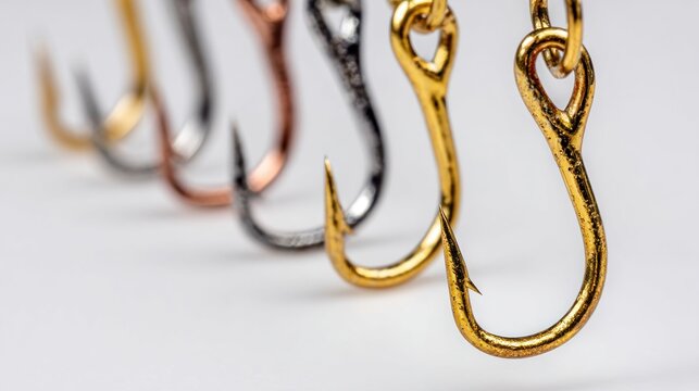 Array of colorful, metallic fishing hooks in a row against a white backdrop, focus on the foremost golden hook