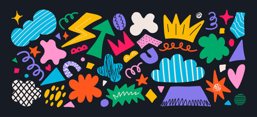 Colorful trendy abstract geometric shape set with modern elements doodles and texture. Vector collage drawing style forms collection, bright background