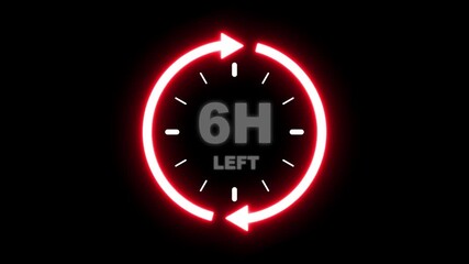 24 hours clock with circle arrow and the numbers 6 Hour left. video animation on alpha channel background, Clock timer, time passage waiting time animation (4K). 6 Hour Countdown timer. Clock icon. 