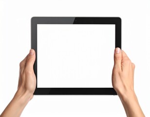 Hands holding blank tablet with white screen