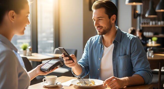 A young man and woman enjoying a friendly conversation at a cafe, with the man showing something on his smartphone and both smiling warmly