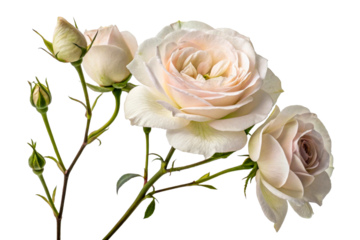 Delicate pale pink roses bloom against a white background