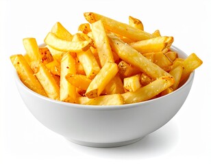 Golden french fries in white bowl