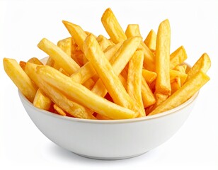 Golden french fries in white bowl