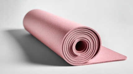 A close-up shot reveals a partially rolled-up, blush-pink mat with a slightly textured surface, set against a plain, bright backdrop
