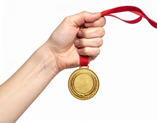 Gold medal with red ribbon